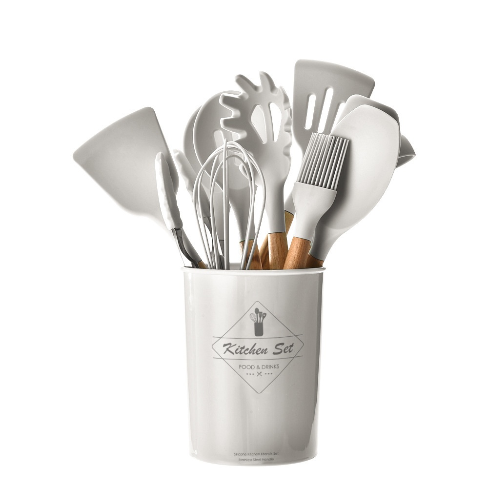 Storage Bucket Milk White Wooden Handle Silicone Kitchenware11-piece Set Non-stick Spatula Kitchenware Set11-piece Set
