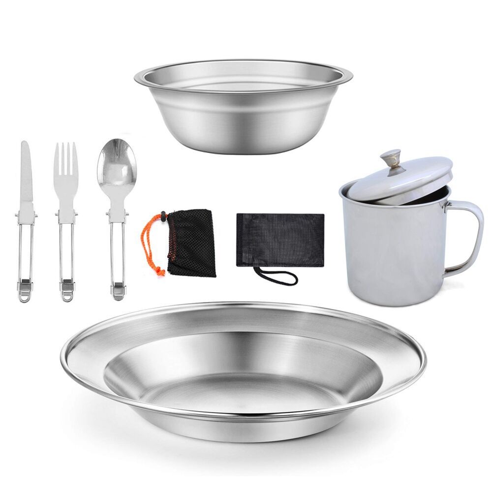 Single Stainless Steel Tableware Outdoor Camping Water Cup Cooker Set Portable Picnic Kitchenware