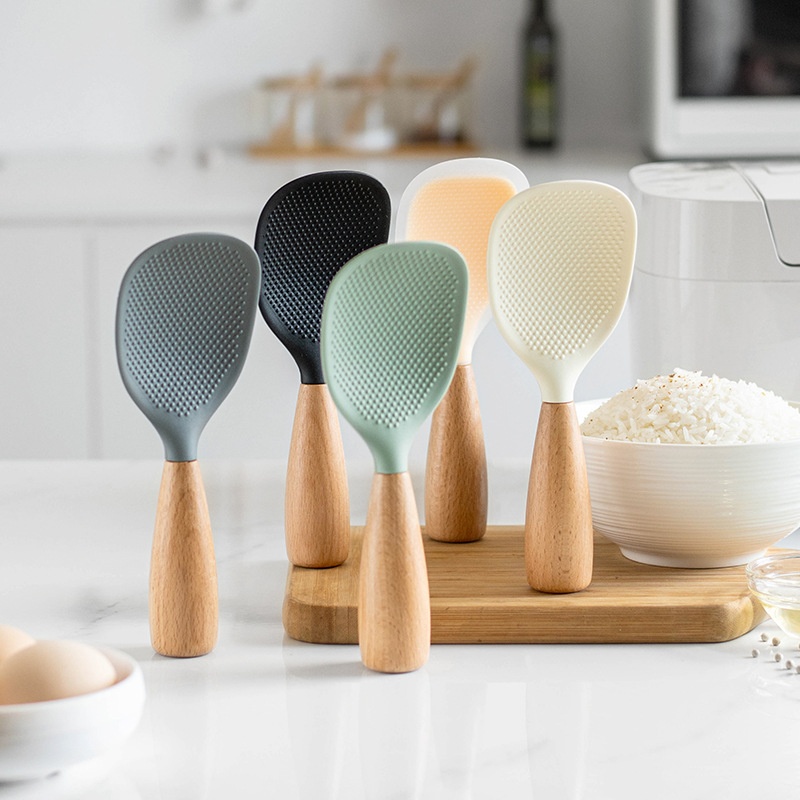 Non-slip Heat-resistant Wooden Handle Stand-up Silicone Rice Spoon With Rice Cooker Spoon Non-stick Rice Serving Spoon