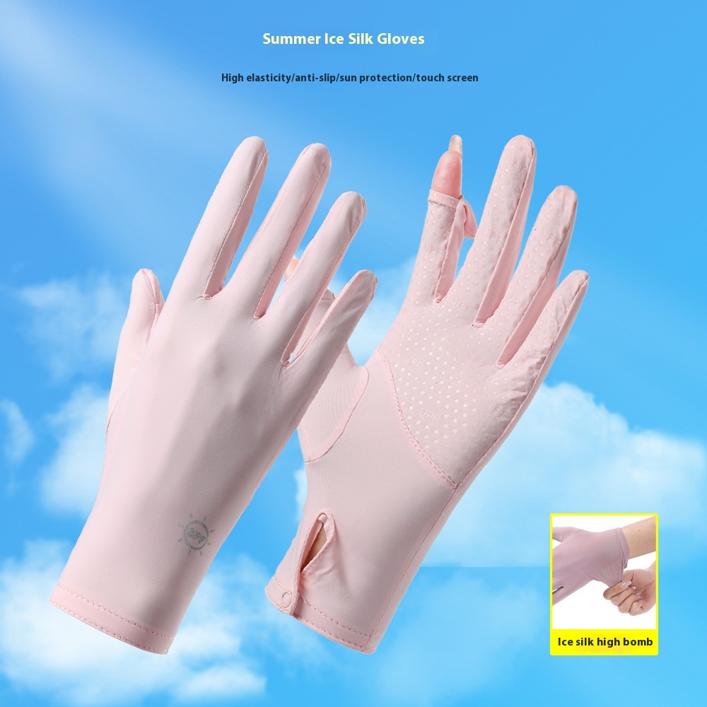 Sun Protection Gloves For Women In Summer,Outdoor Anti-ultraviolet And Anti-slip Two-finger Thin Driving Touch Screen Cool Ice Silk Gloves