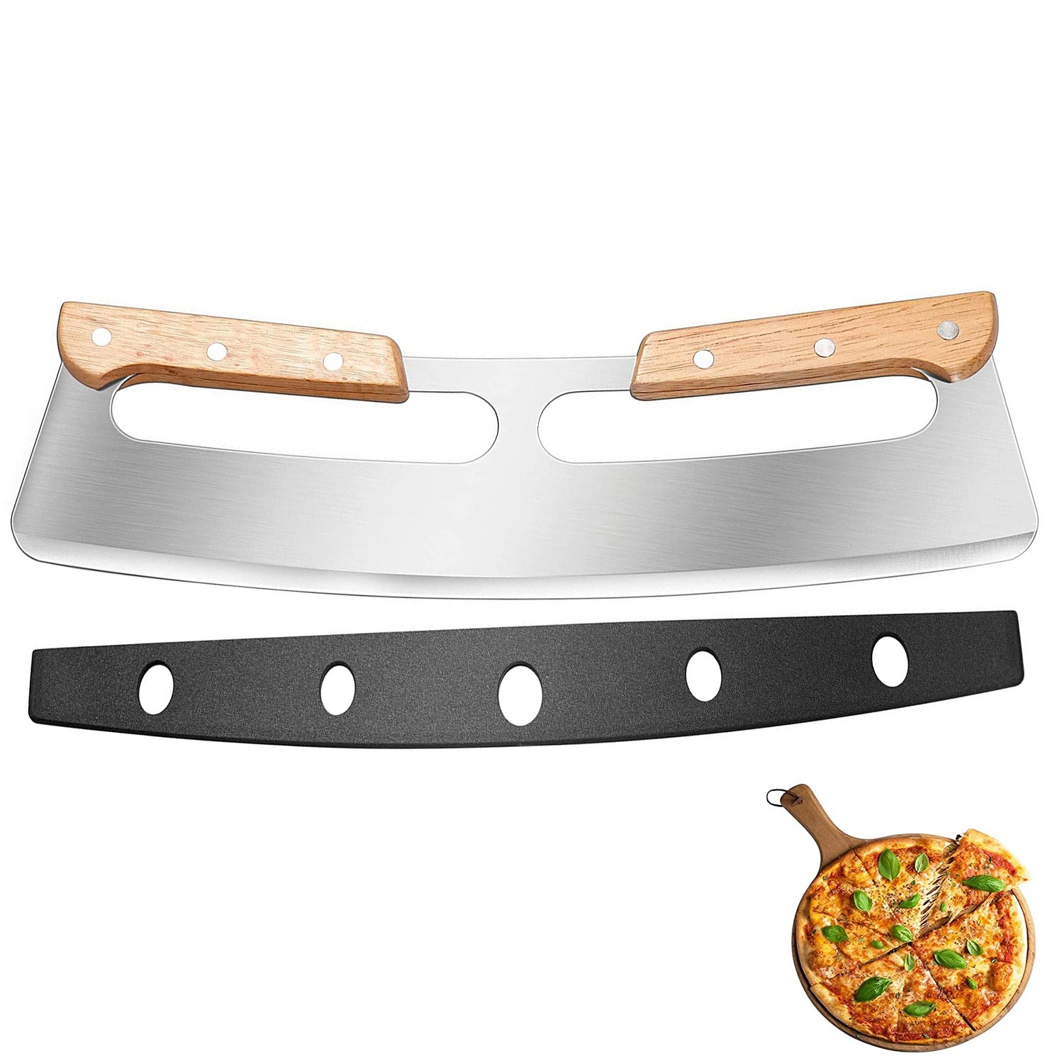 Stainless Steel Pizza Cutter Wooden Handle With Knife Set Machete Semicircular Noodle Knife Pizza Rocker Baking Tool