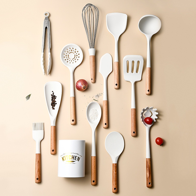 Wooden Handle White Silicone Kitchenware Set12 Pieces Nordic Style Simple Non-scratch Pot Kitchen Tool Set