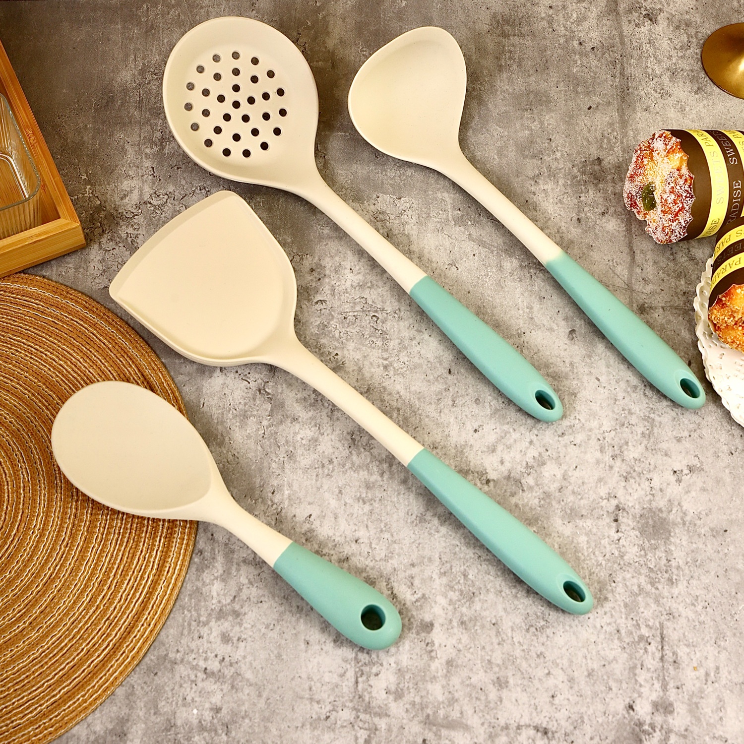 Two-color Silicone Kitchenware Silicone Spatula Colander Soup Spoon Plus Household Rice Spoon Multi-function Cooking Spoon Shovel4-piece Set