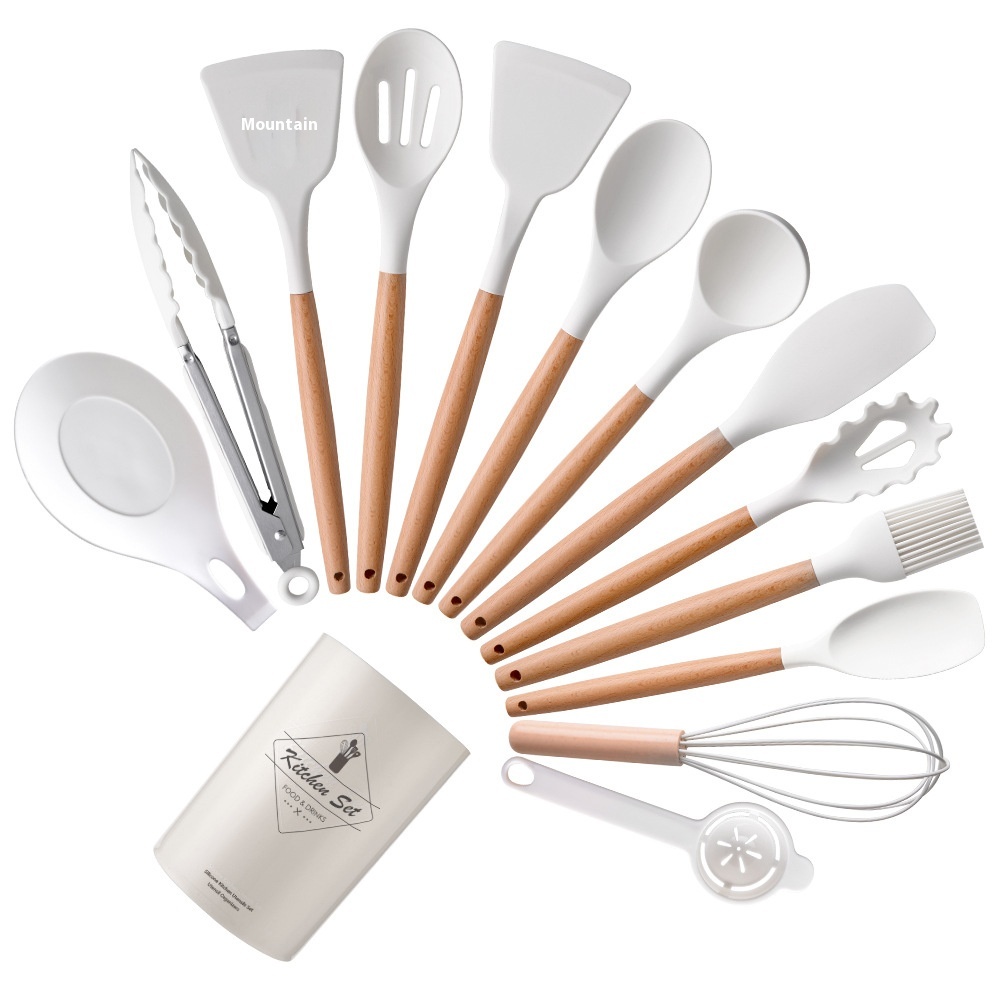 Light Version Barrel Wooden Handle Silicone Kitchenware14-piece Set Silicone Kitchenware Spatula Non-stick Kitchen Tools
