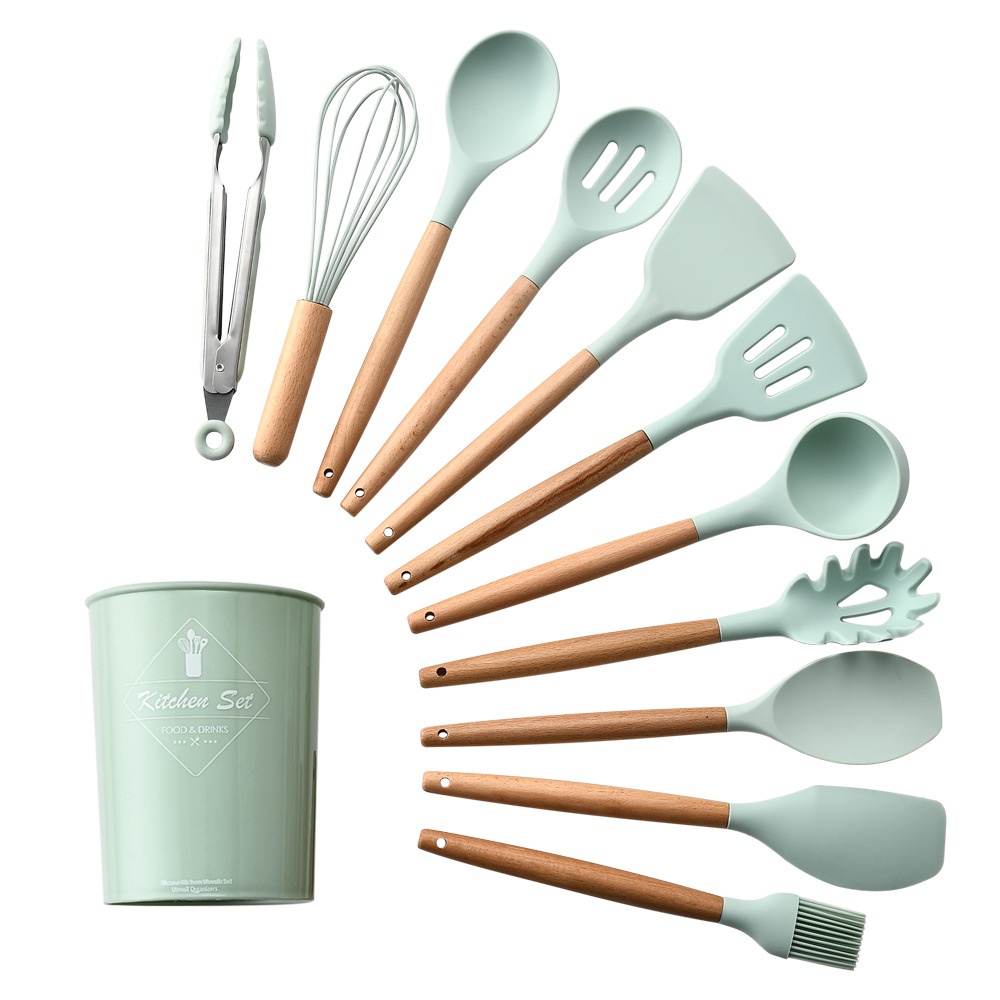 Storage Bucket Fresh Green Wooden Handle Silicone Kitchenware11-piece Set Non-stick Spatula Kitchenware Set11-piece Set