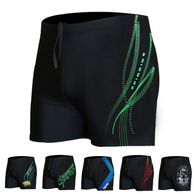 Black Men's Swim Trunks Printed Men's Boxer Swimming With Drawstring Training Simple Elastic Holiday Swimsuit Quick Dry