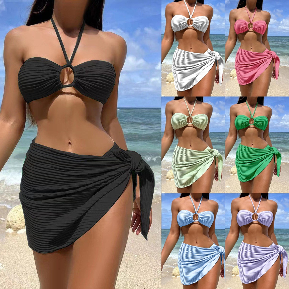 Foreign Trade European And American Sexy Bikini Bikini Swimsuit Three-piece Gauze Skirt Halter Neck Solid Color Swimsuit Female Multi-color