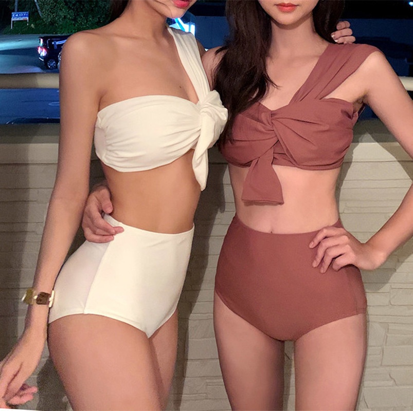 Korean Oblique Shoulder One Shoulder Split High Waist Slim Size Chest Hot Spring Holiday Swimsuit Women