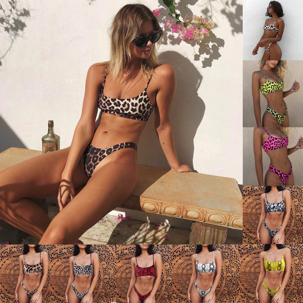 European And American Hot Sexy Women's Split Swimsuit Leopard Print Bikini Gathered Bikini