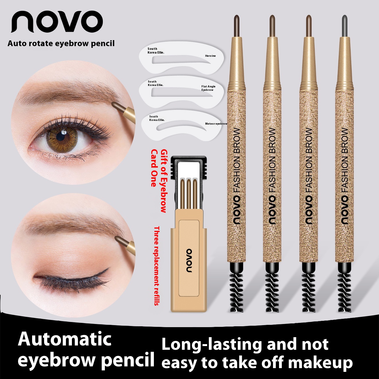 NOVOAutomatic Rotating Student Eyebrow Pencil Beginner Straight Eyebrow Double-head Eyebrow Pencil Does Not Smudge And Comes With An Eyebrow Card Replacement Core