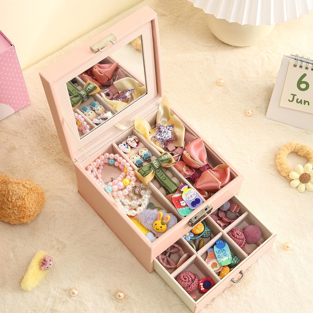 Children's Hair Accessories Storage Box Pink Cute Jewelry Box Little Girl Princess Hairpin Hair Rope Birthday Gift Storage Box