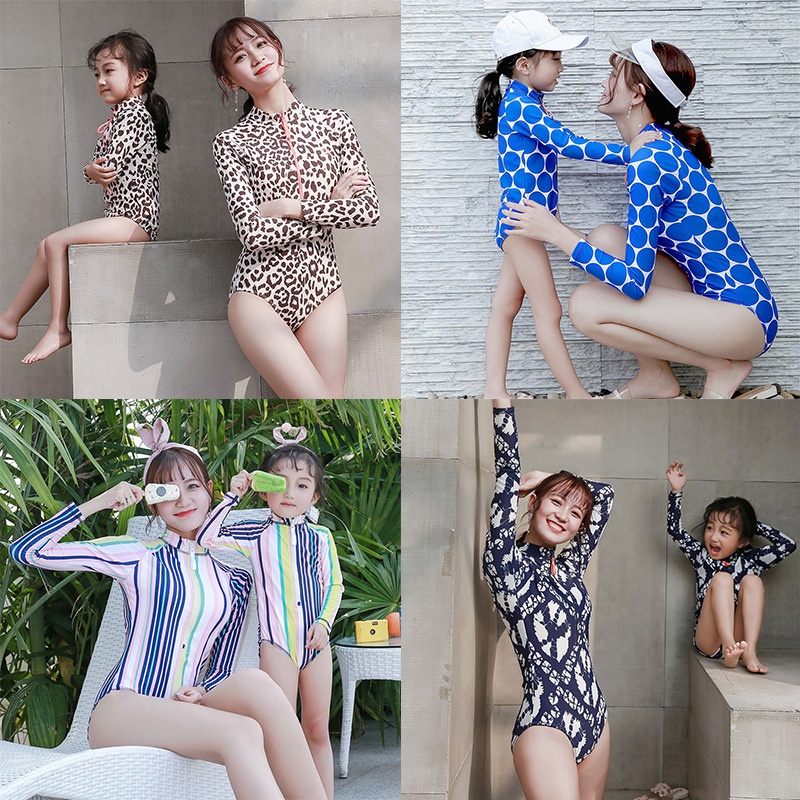 Parent-child Swimsuit Mother And Daughter Beach Sun Protection Long-sleeved Quick-drying Children's Swimsuit Female One-piece European And American Swimsuit One-piece Dery