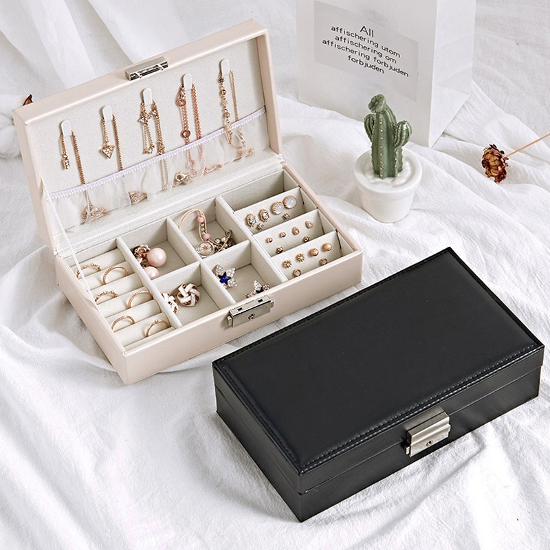 Simple Korean Leather Jewelry Storage Box Small Ring Earring Necklace Flip Multi-grid Portable Jewelry Box Storage