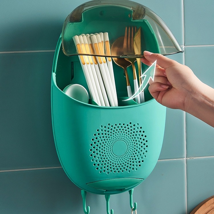 Household Chopstick Cage With Lid And Dustproof Wall-mounted Partitioned Punch-free Chopstick Tube Kitchen Chopstick Cage Wall-mounted Drain Storage Box