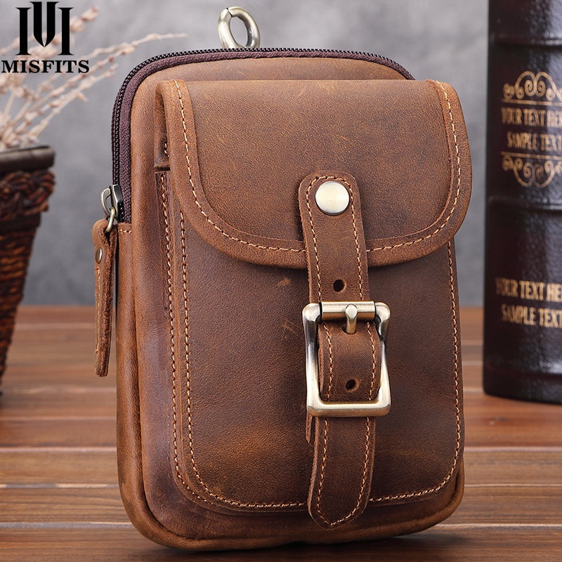 Men's Genuine Leather Waist Bag Can Be Worn With ABelt Diagonal Mobile Phone Bag Retro Cowhide Mountaineering Small Hanging Bag