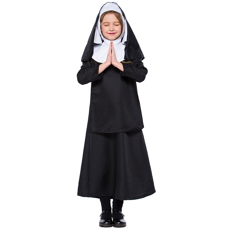Halloween Children's Black Nun Costume,Cosplay Girls'Stage Performance Outfit