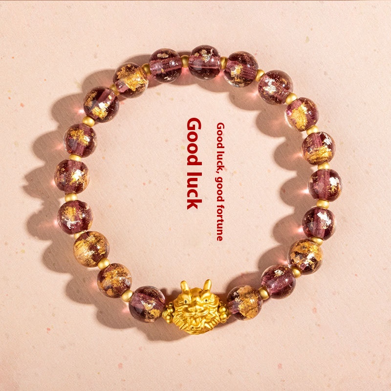 Chinese Style National Dragon Zodiac Gold Foil Glass Bracelet Dragon Head Luck Multi-color Couple Bracelet Female Gift