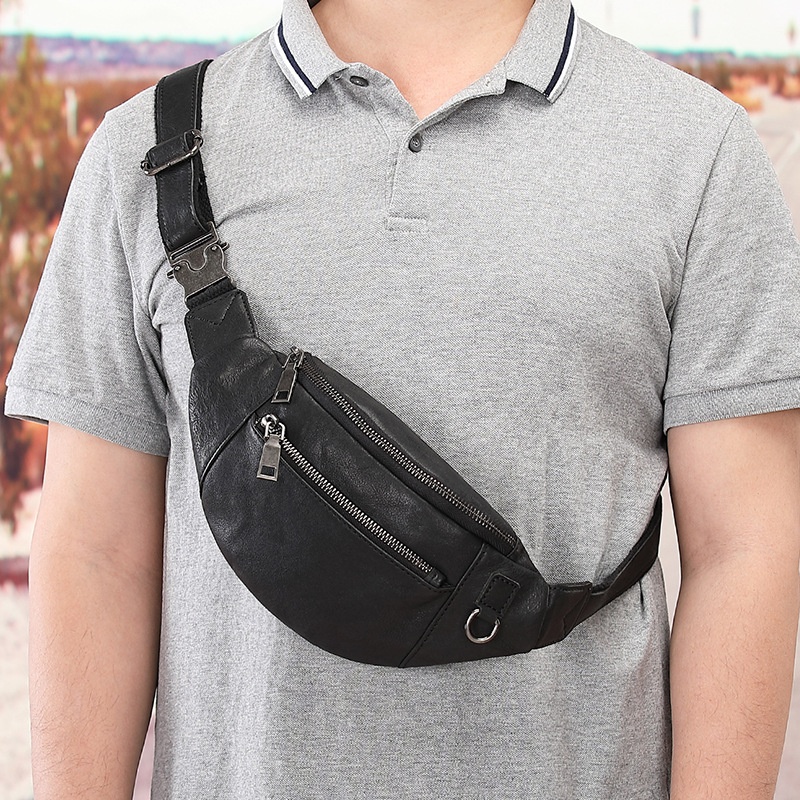Top Layer Cowhide Men's Waist Bag Genuine Leather Chest Bag Mobile Phone Bag Black Small Bag Messenger Bag Dery