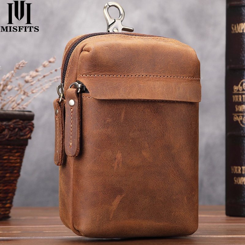 Men's Genuine Leather Waist Bag Retro Top Layer Cowhide Multifunctional Mobile Phone Bag Wearable Belt Casual Zipper Bag