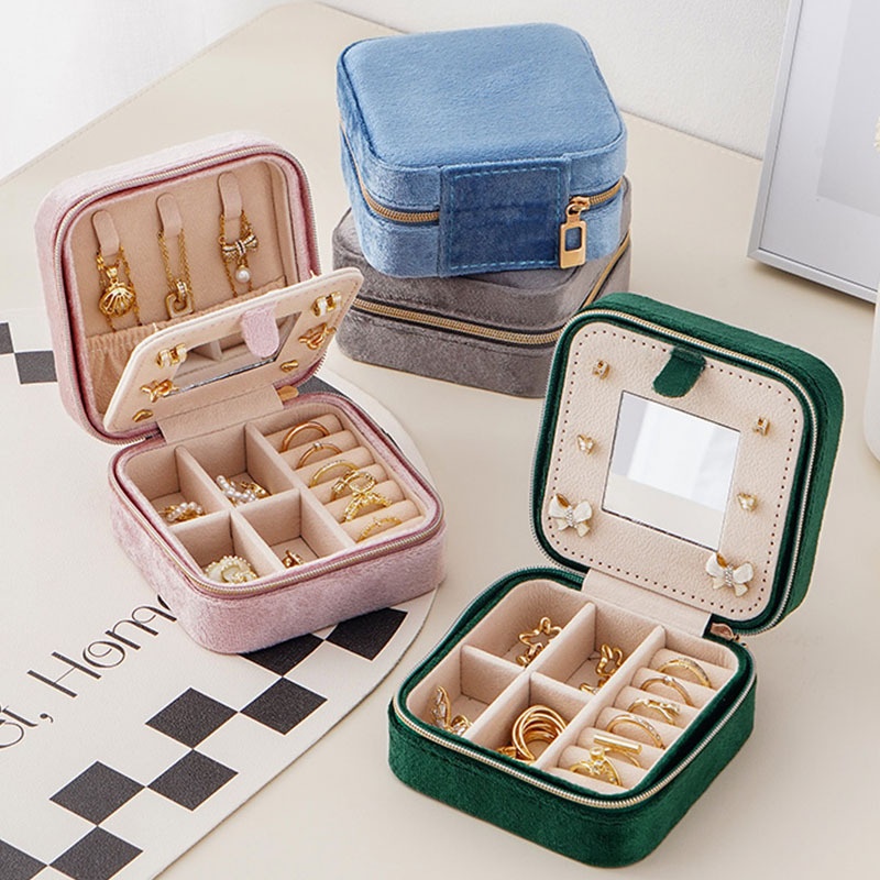 Jewelry Box Velvet Mirror Jewelry Box Travel Portable Jewelry Necklace Earring Ring Storage Box