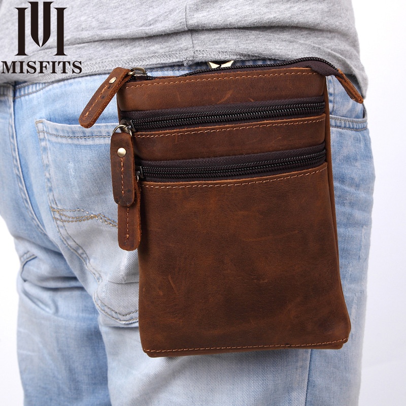 Handmade Small Shoulder Bag Men's Genuine Leather Crazy Horse Leather Messenger Bag Multifunctional Wearable Belt Small Waist Bag Mobile Phone Bag