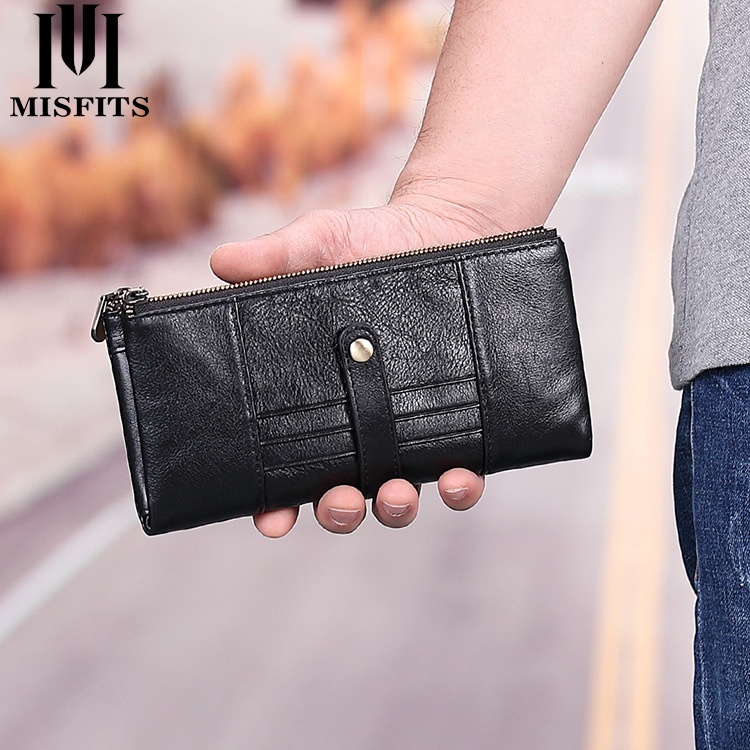 Mingshi Genuine Leather Men's Long Wallet Fashion Casual Clutch Large Capacity Retro Card Holder