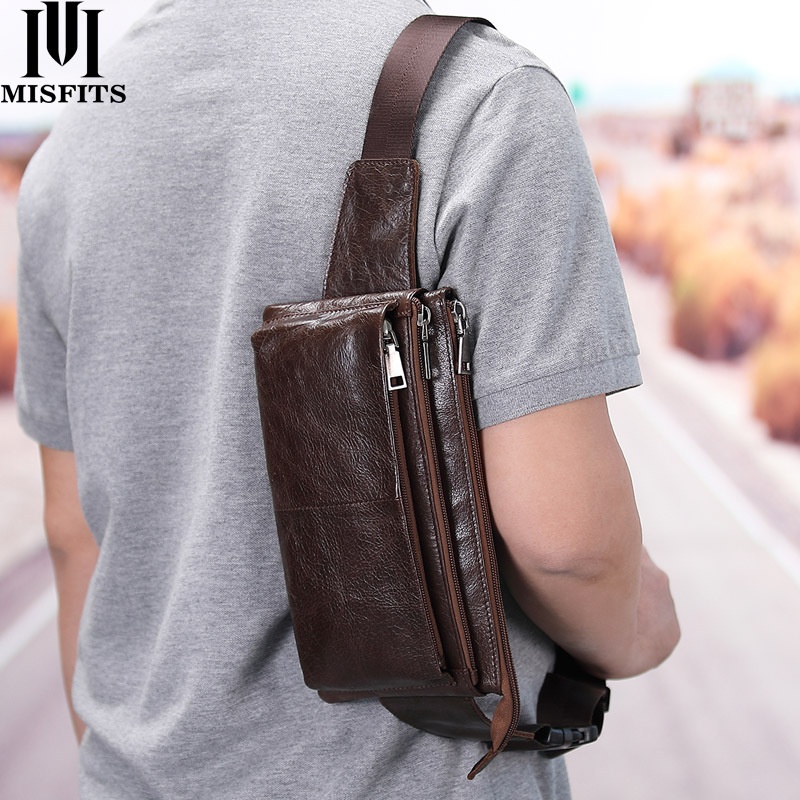 Mingshi Genuine Leather Men's Waist Bag Retro Multifunctional First Layer Cowhide Men's Chest Bag Casual Mountaineering Bag