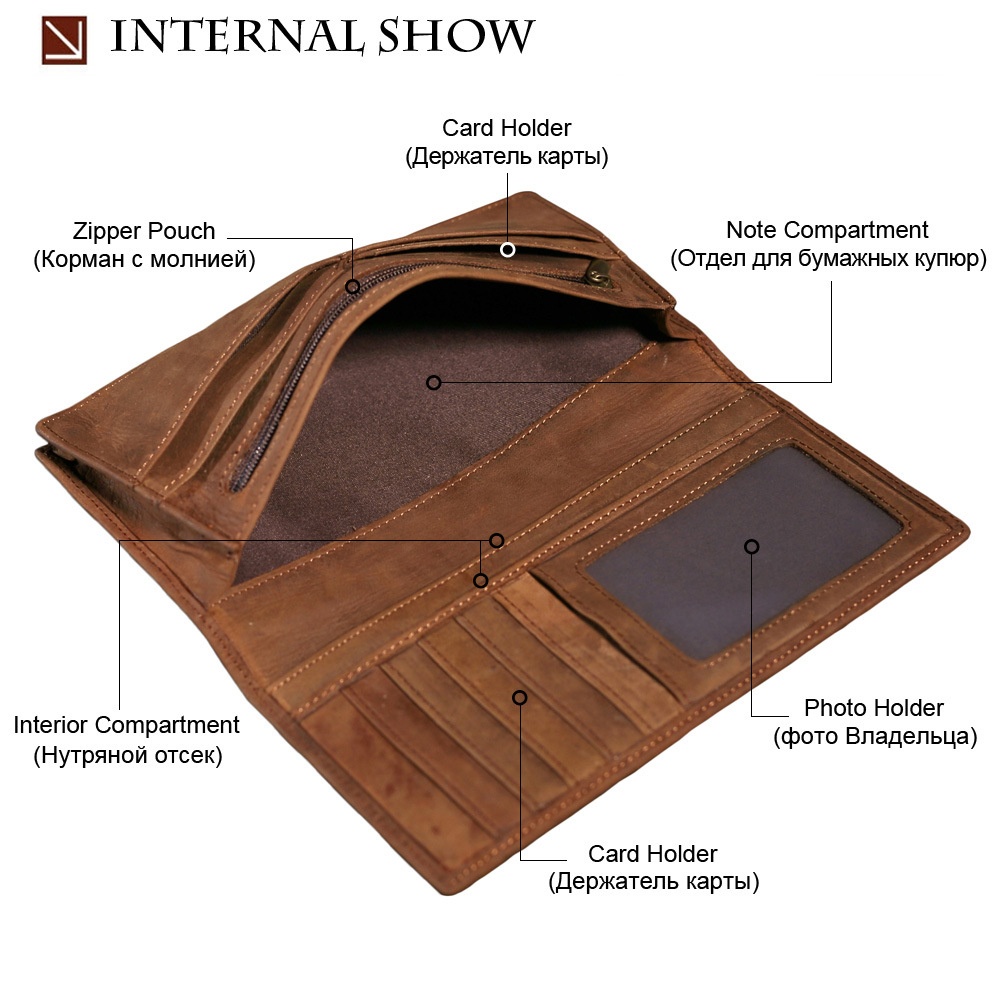 Men's Genuine Leather Long Wallet Retro First Layer Cowhide Wallet Multi-card Slot Crazy Horse Leather Clutch Bag