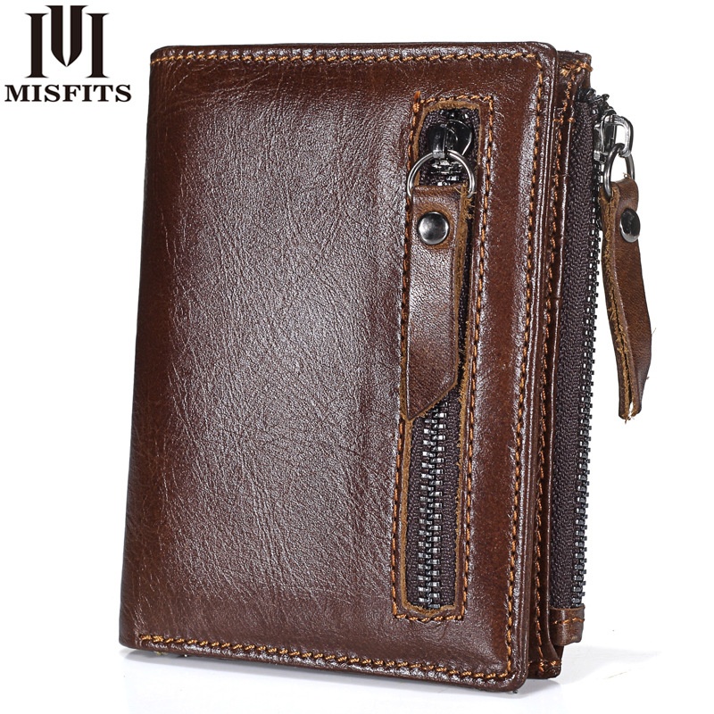 Short Wallet Men's Retro First-layer Leather Wallet Double Zipper Coin Purse Calfskin Vertical Wallet
