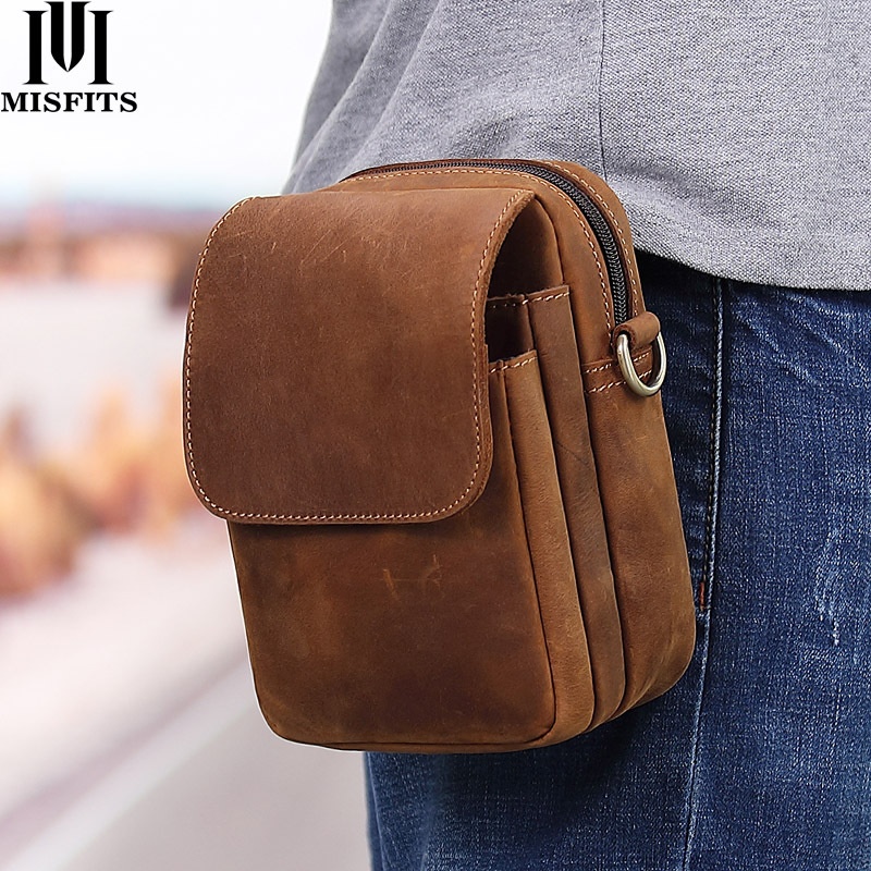 Men's Genuine Leather Waist Bag Crazy Horse Leather Mobile Phone Crossbody Bag Retro Outdoor Three-layer Belt Hanging Bag
