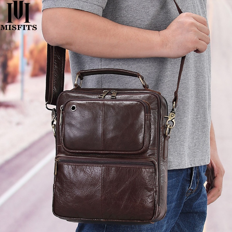 Mingshi Genuine Leather Men's Shoulder Bag Retro First Layer Cowhide Casual Messenger Bag Multifunctional Handbag