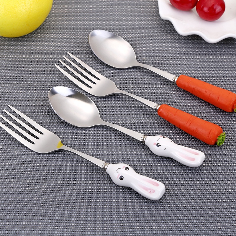 A2564 Stainless Steel Cartoon Tableware Spoon Children's Fork Spoon Cute Handle Western Tableware Kindergarten Spoon Fork
