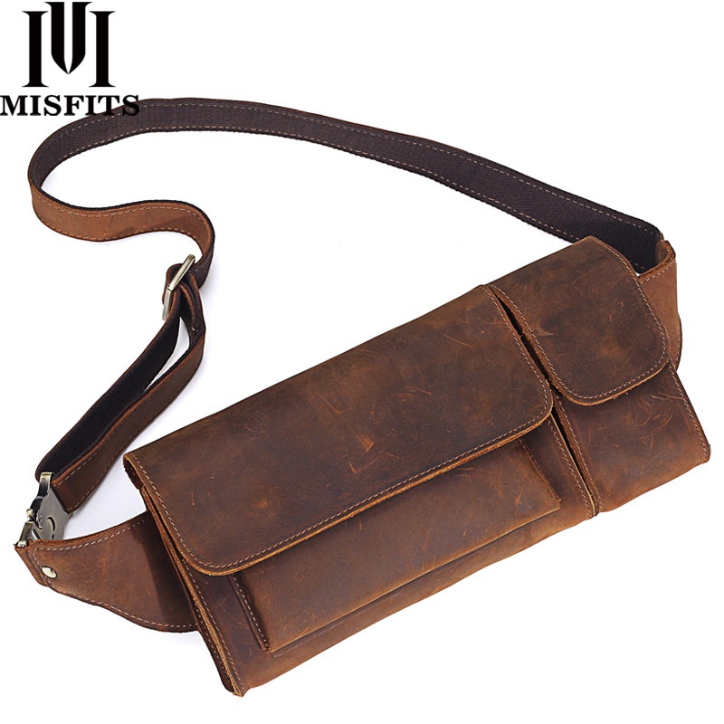 Mingshi Top Layer Cowhide Chest Bag Men's Messenger Bag Genuine Leather Horizontal Shoulder Backpack Men's Crazy Horse Leather Waist Bag
