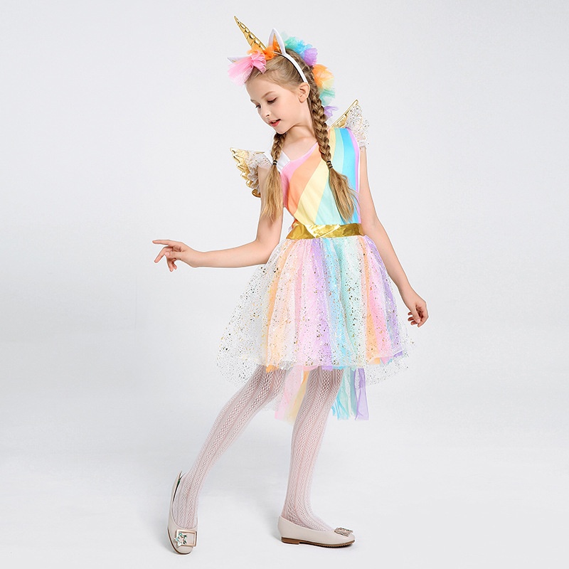 Children's Costumes Halloween Cosplay Costumes Unicorn Dress Child Stage Performance Rainbow Princess Dress Female