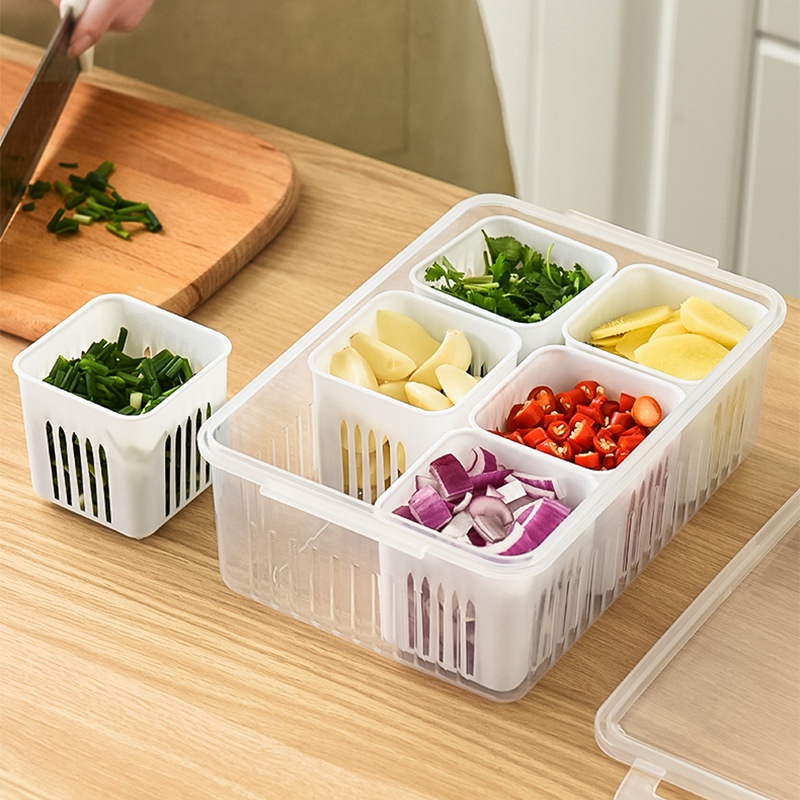 Square Grid Chopped Green Onion Fresh-keeping Box Kitchen Onion,Ginger And Garlic Storage Box Can Drain Household Refrigerator Fruit Box Sealed Box