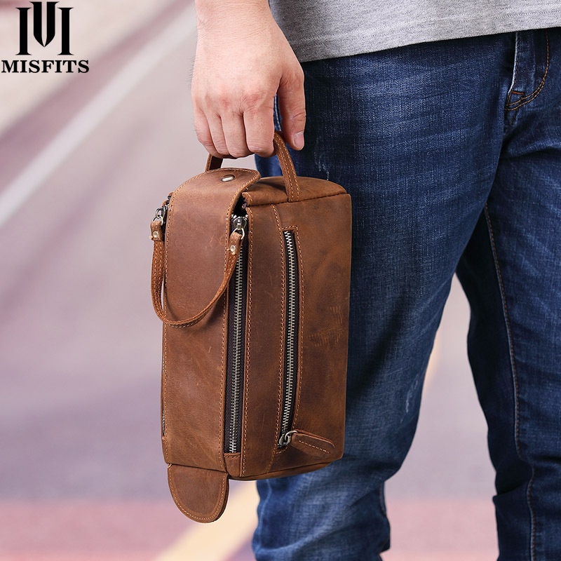 2019 Retro Genuine Leather Wash Bag Crazy Horse Leather Multifunctional Storage Bag Casual Fashion Men's Clutch Bag