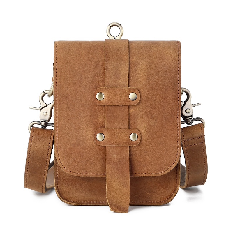 Crazy Horse Leather Men's Waist Bag Cowhide Shoulder Bag Multifunctional Genuine Leather Shoulder Bag Small Bag Large Capacity Motorcycle Bag Retro