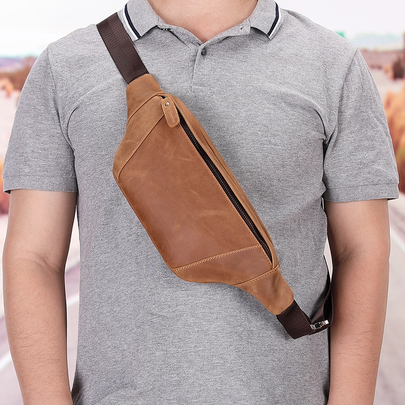 Crazy Horse Leather Men's Waist Bag Genuine Leather Shoulder Bag Cowhide Chest Bag Mobile Phone Bag Retro Casual Men's Bag