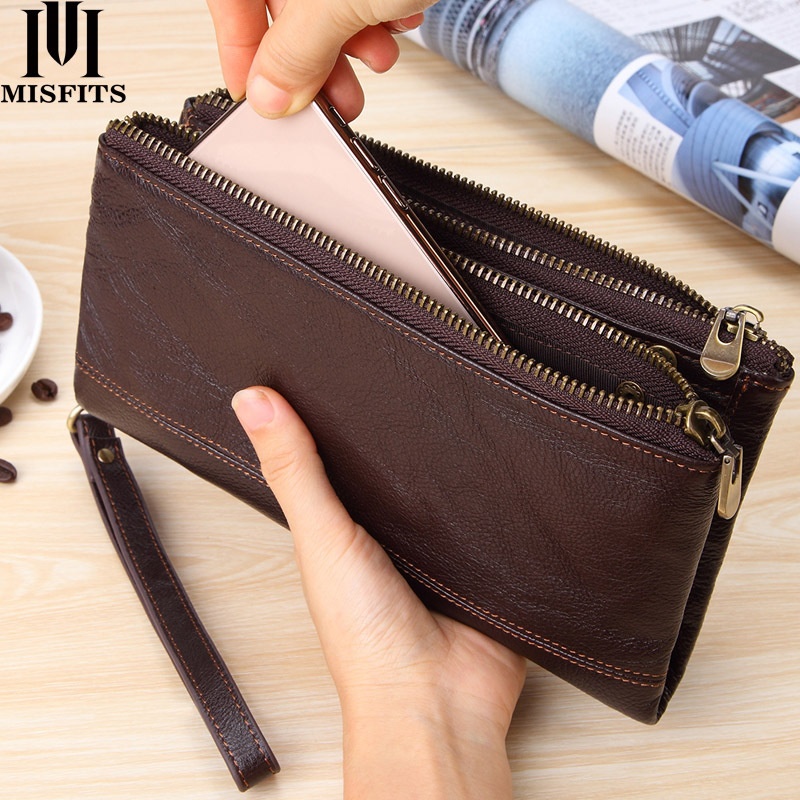 Genuine Leather Men's Wallet Long Mobile Phone Bag Men's Oil Waxed First Layer Cowhide Card Holder Large Capacity