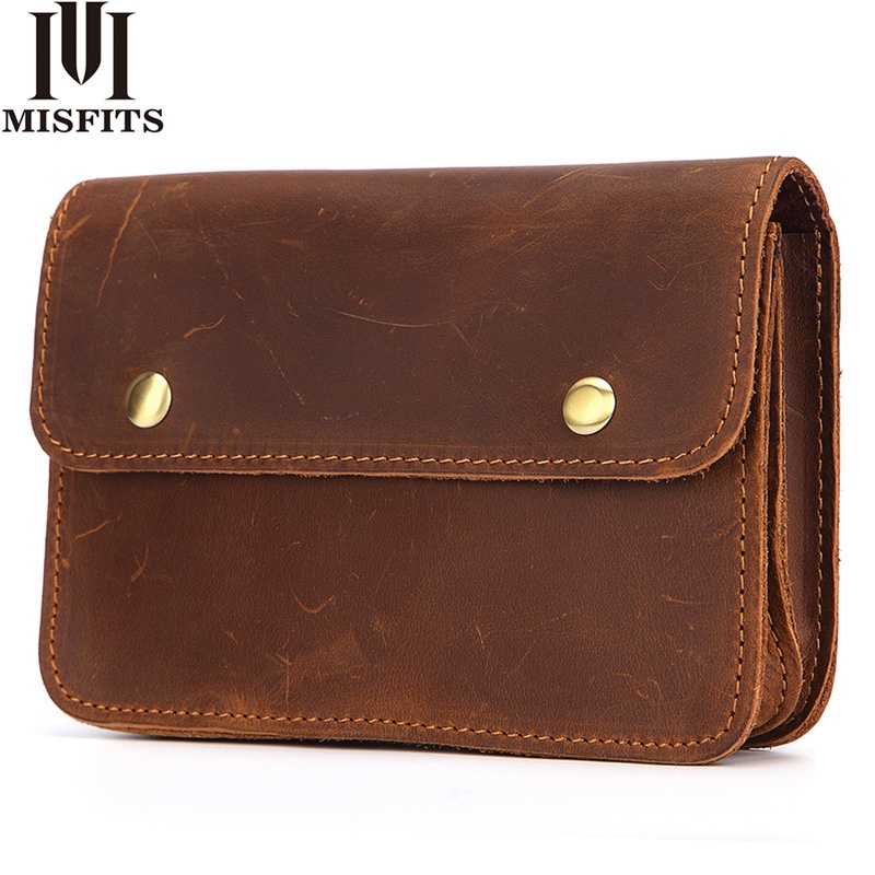 Mobile Phone Waist Bag Double Layer Three Zipper Pocket Cover First Layer Crazy Horse Leather Leisure Multifunctional Belt Bag
