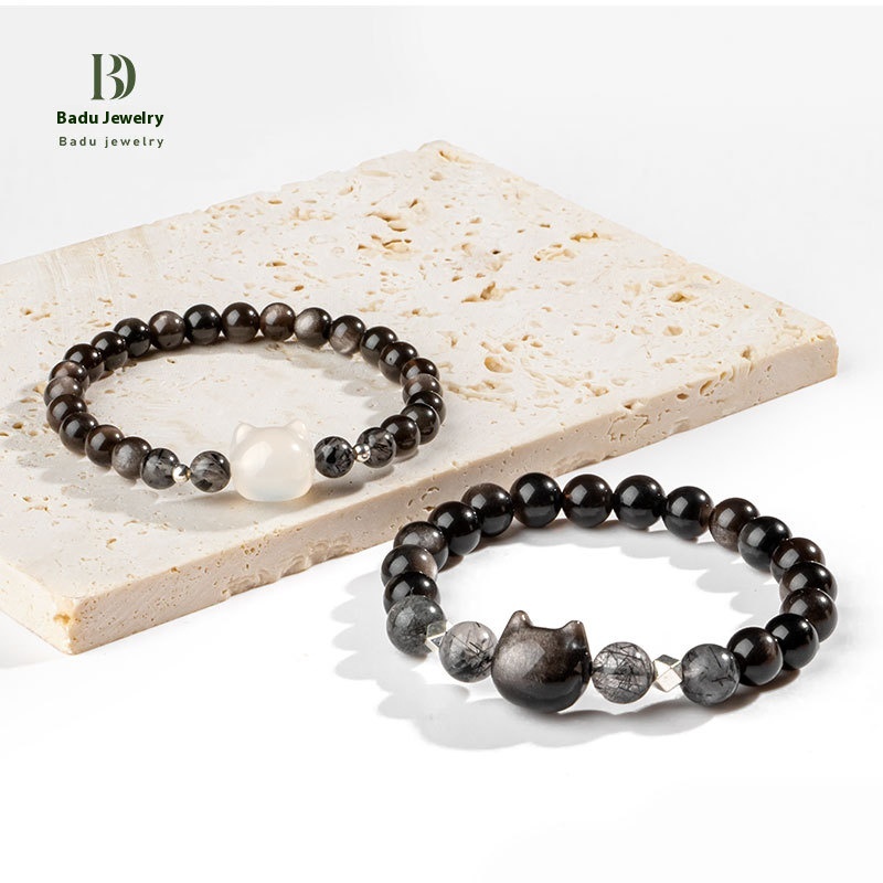 Natural Silver Yew Stone Beaded Bracelets,Obsidian Crystal Couple Bracelets,APair Of Niche Design Cat Bracelets For Women