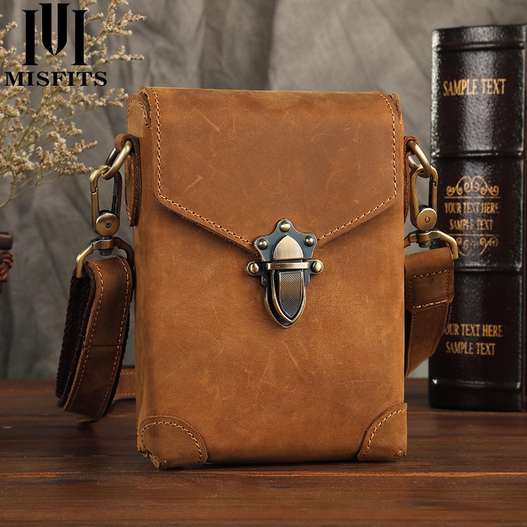 Genuine Leather Men's Waist Bag Retro Crazy Horse Cowhide Shoulder Bag Casual Wear Belt Small Hanging Bag