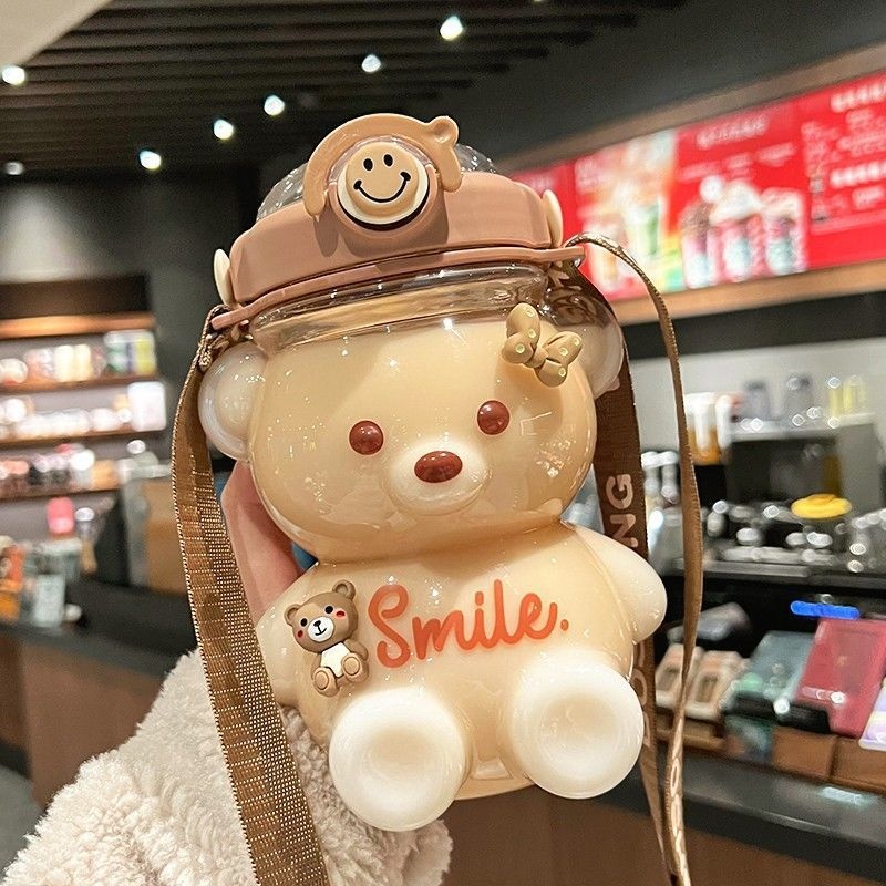 Cute Bear Straw Cup High Value Large Capacity Plastic Water Cup Female Students Children Heat Resistant And Anti-fall Portable Cup