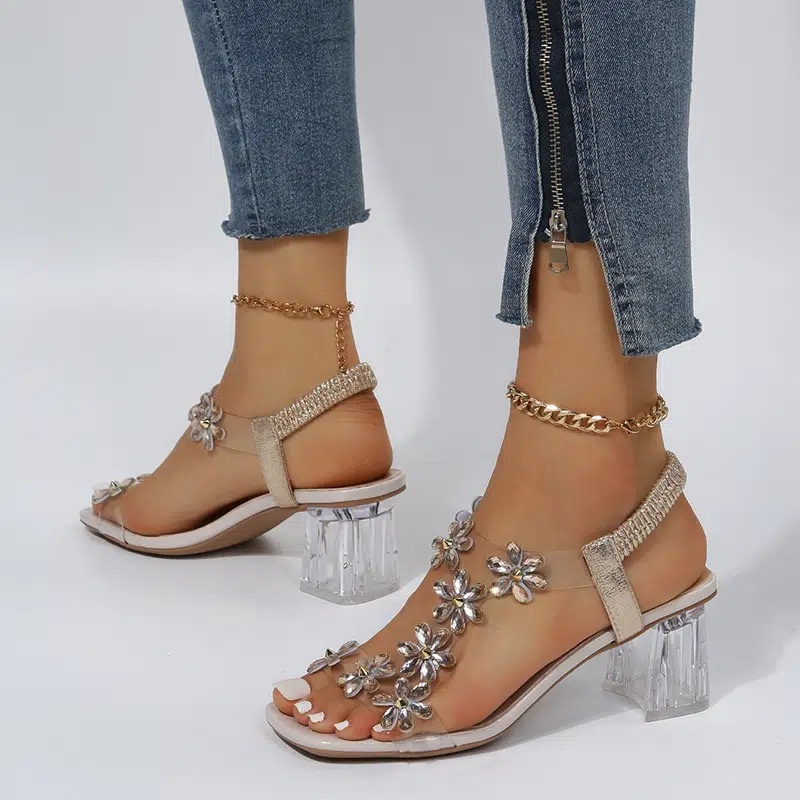 34-43s Large Size Women's Sandals Summer Korean Style Strap Sandals Rhinestone High Heels