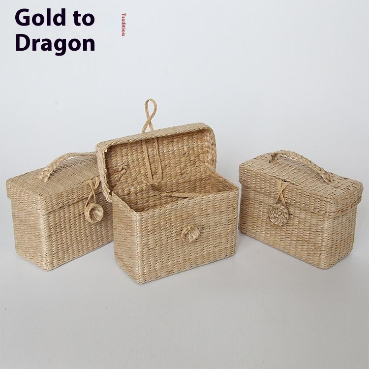 Belly Button Small Square Box Straw Square Bag Cattail Storage Box Pastoral Storage Box Cattail Woven Basket