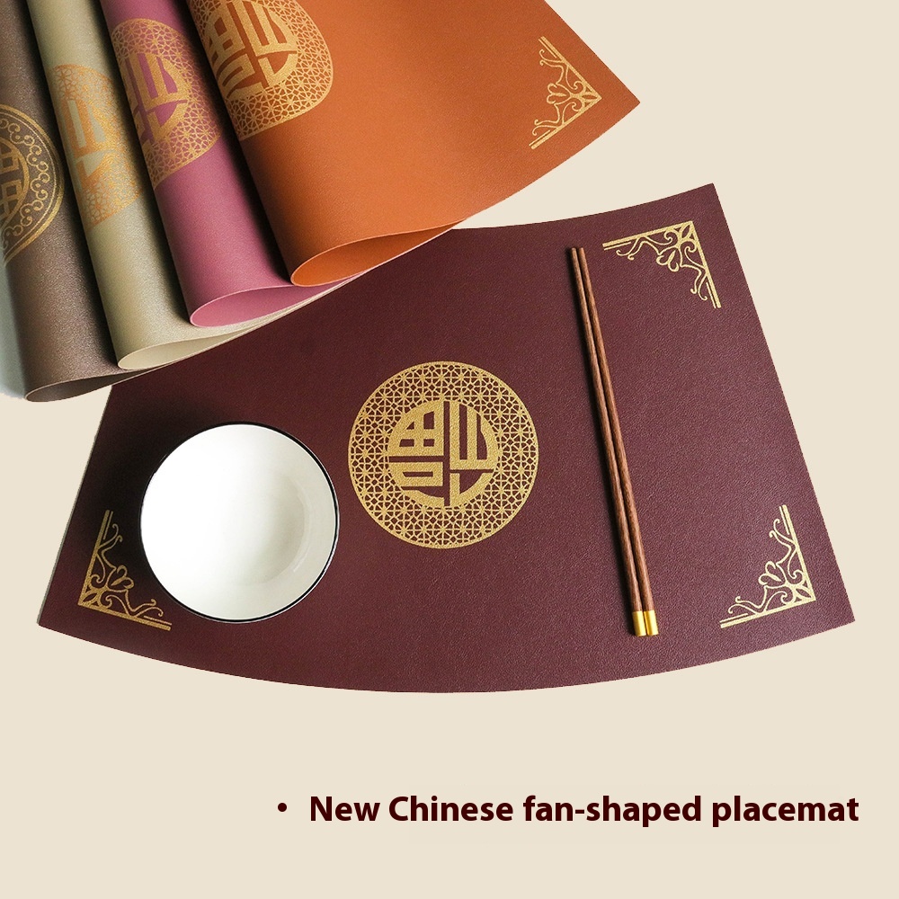 Chinese Style Household Leather Placemat Fan-shaped Hotel Restaurant Chinese Style Retro Oil-proof Heatulation Table Mat
