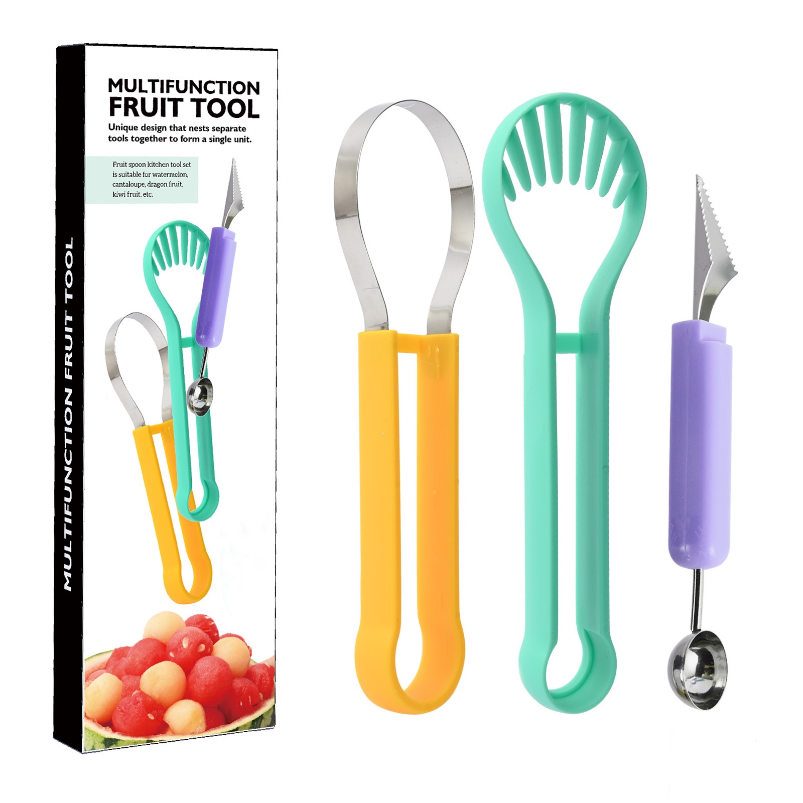 Stainless Steel Fruit Carving Knife Three-piece Set Fruit Platter Tool Baller Set Watermelon Baller Spoon