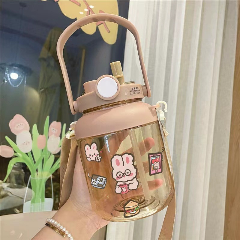 Cute Large Capacity Water Cup For Women With High Value Double Drink With Straw Big Belly Cup Plastic Portable Student Kettle