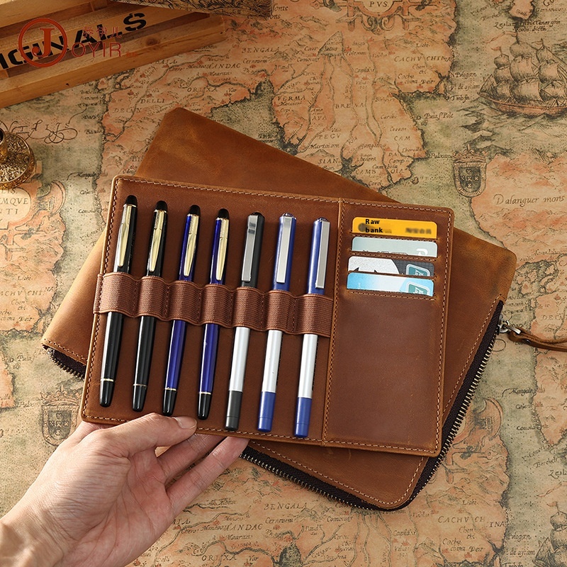 Unique Genuine Leather Vintage Men's Clutch Pen Storage Bag Zipper Bag Crazy Horse Leather Envelope Bag Men's Bag