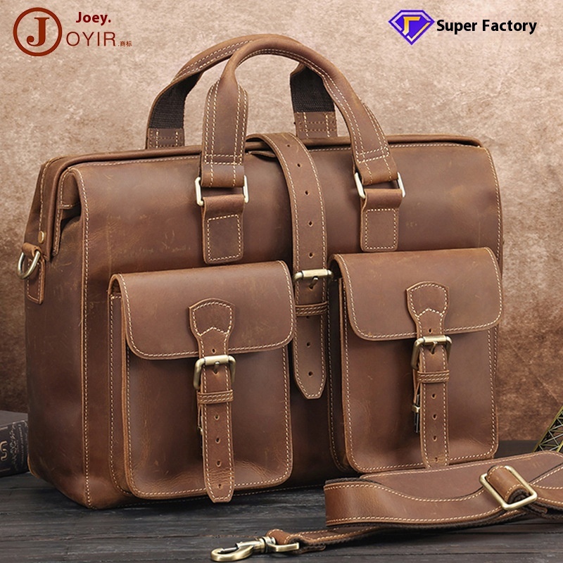 Genuine Leather Briefcase Men's Bag Large Capacity15.6 Inch Single Shoulder Computer Bag Crazy Horse Leather Retro Handbag Men's Business Bag